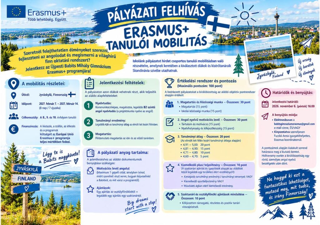Erasmus+ tanulói mobilitás Finnországban – pályázati felhívás