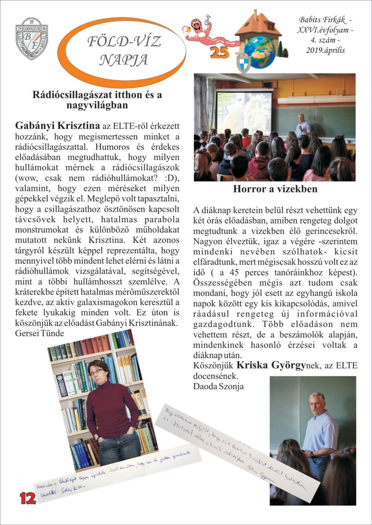 A Babits Firkák 2019. áprilisi számának rádiócsillagászatról szóló 12. oldala